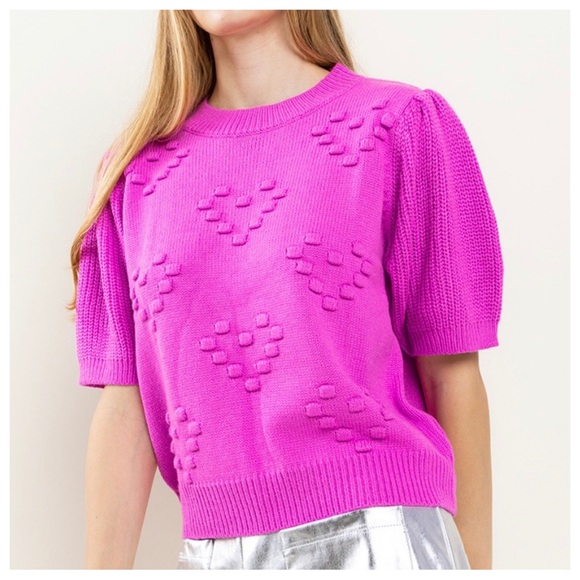 3D Heart Textured Balloon Sleeve Knit Sweater Top - Picture 2 of 6